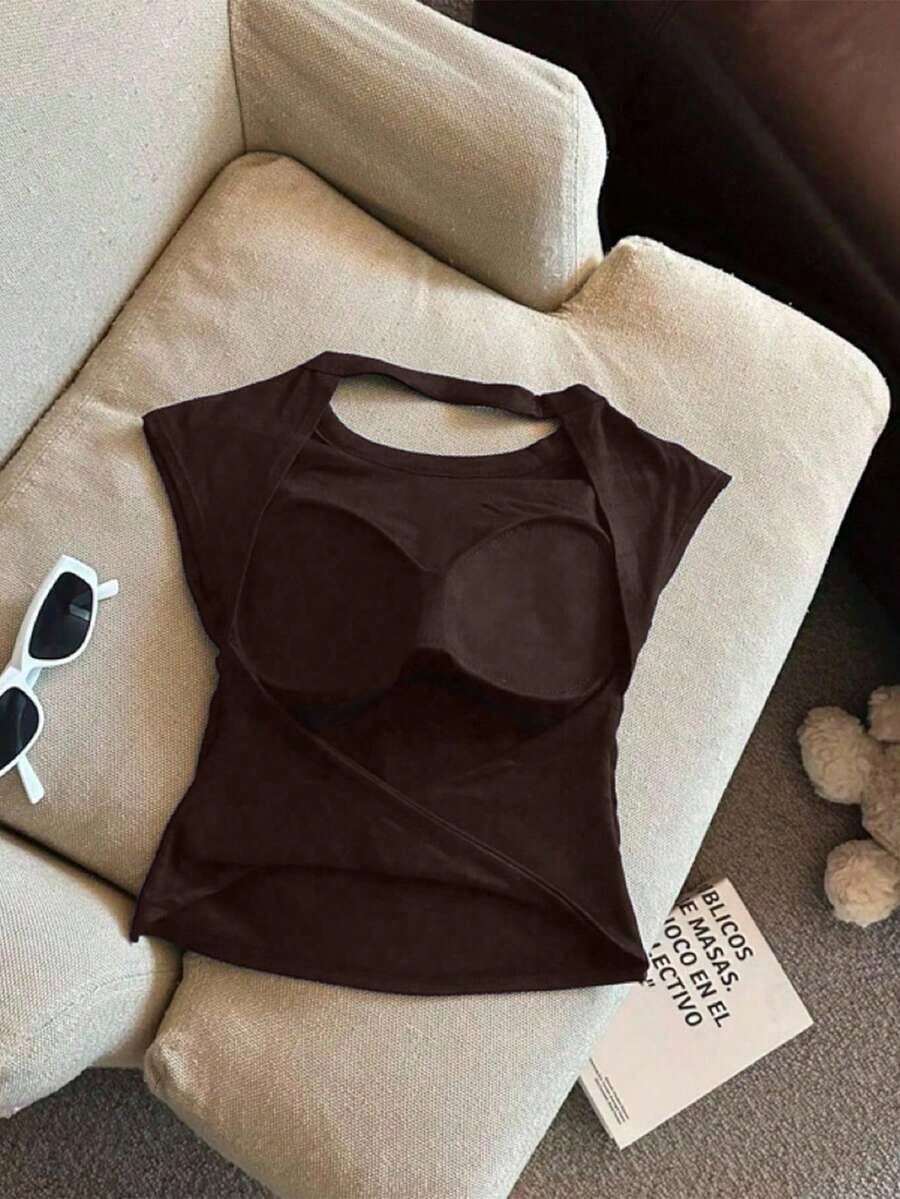 Camiseta sin espalda de unicolor y sexy para mujer, de verano - Marrón - Ver 1