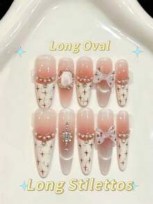 10PCS Long Oval /Stiletto Handmade Press On Nails For Party And Daily Wear,Pink Nails,Cute Bow,Shiny Cat's Eye,Shiny ,Summer Nails,Easy To Wear 10pcs Y2K Handmade Press On Nails,Suitable For Girls And Women Festivals Parties And Daily Wear.Great - Pink - View 19