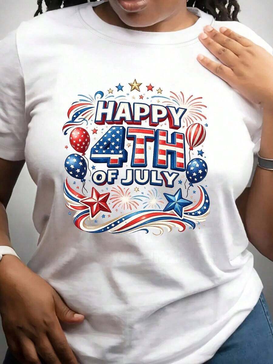 Camisetas de manga corta para mujer, camiseta de cuello redondo, camiseta de manga corta 100% algodón para el Día de la Independencia, camiseta conmemorativa con la bandera nacional, estilo de cuello redondo para mujer, tela cómoda y suave, adecuada para el Día de la Independencia, el Cuarto de Julio, el Día de los Caídos y las celebraciones infantiles en el Día de los Presidentes. - Blanco - Ver 1