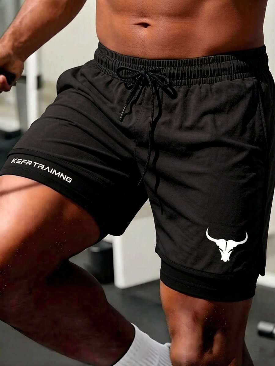 Men's Black Large Bull Letter Print Sports Outdoor Fitness Vacation Beach Shorts Summer - Black - View 1