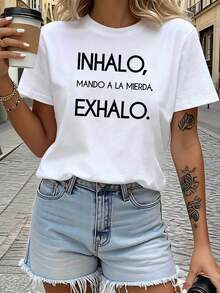 Vestibilita 1pc Soft Cotton Women Crew Neck Tee Funny Spanish Anti-Stress Print "INHALO, MANDO A LA MIERDA, EXHALO", Relaxed Casual Summer Top - 白色 - 查看 1