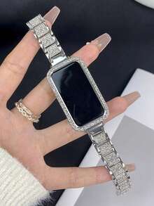 Dây đeo đồng hồ hợp kim kẽm đính đá sang trọng, tương thích với Apple Watch Series 1/2/3/4/5/6/7/8/9/10/SE/Ultra 38mm/40mm/41mm/42mm/44mm/45mm/49mm, màu bạc, phù hợp cho công sở, thường ngày và nữ giới. - Bạc - Xem 5