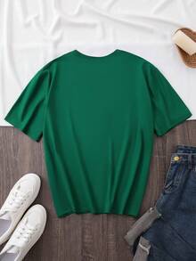 Women's Casual Short Sleeve T-Shirt - Happy  Face Print And Inspirational Lettering, Comfortable Crew Neck, Versatile All-Season Top, Loose Fit, Breathable Fashion T-Shirt, Printed T-Shirt, A Must-Have For Fashion Enthusiasts. ZOIH - 墨綠色 - 查看 2