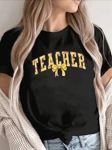 Women's Short-Sleeved T-Shirt With "TEACHER" Print, Adorned With A Bow, Black Background And Eye-Catching Lettering, Perfect For Casual Wear, Comfortable Fit, Ideal For Everyday Use. - 黑色 - 查看 1