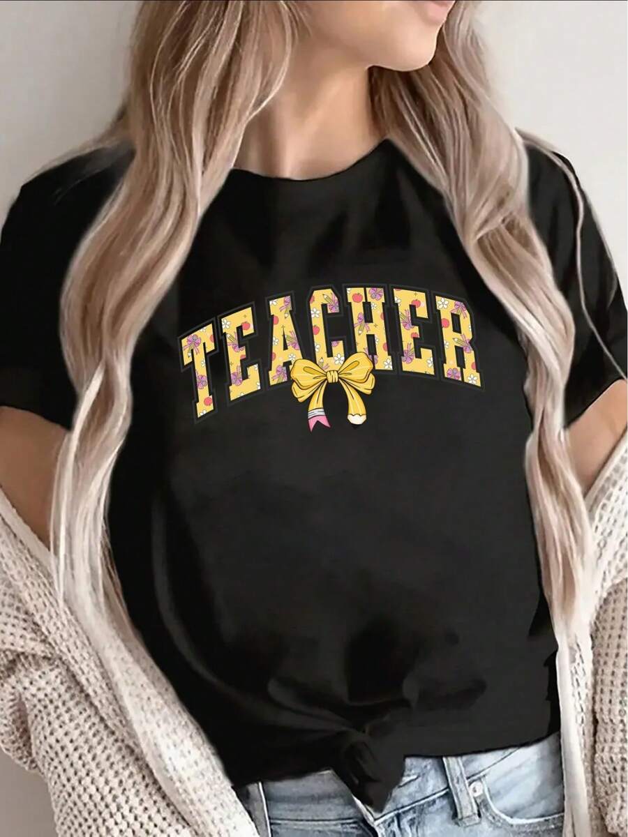 Women's Short-Sleeved T-Shirt With "TEACHER" Print, Adorned With A Bow, Black Background And Eye-Catching Lettering, Perfect For Casual Wear, Comfortable Fit, Ideal For Everyday Use. - 黑色 - 查看 1