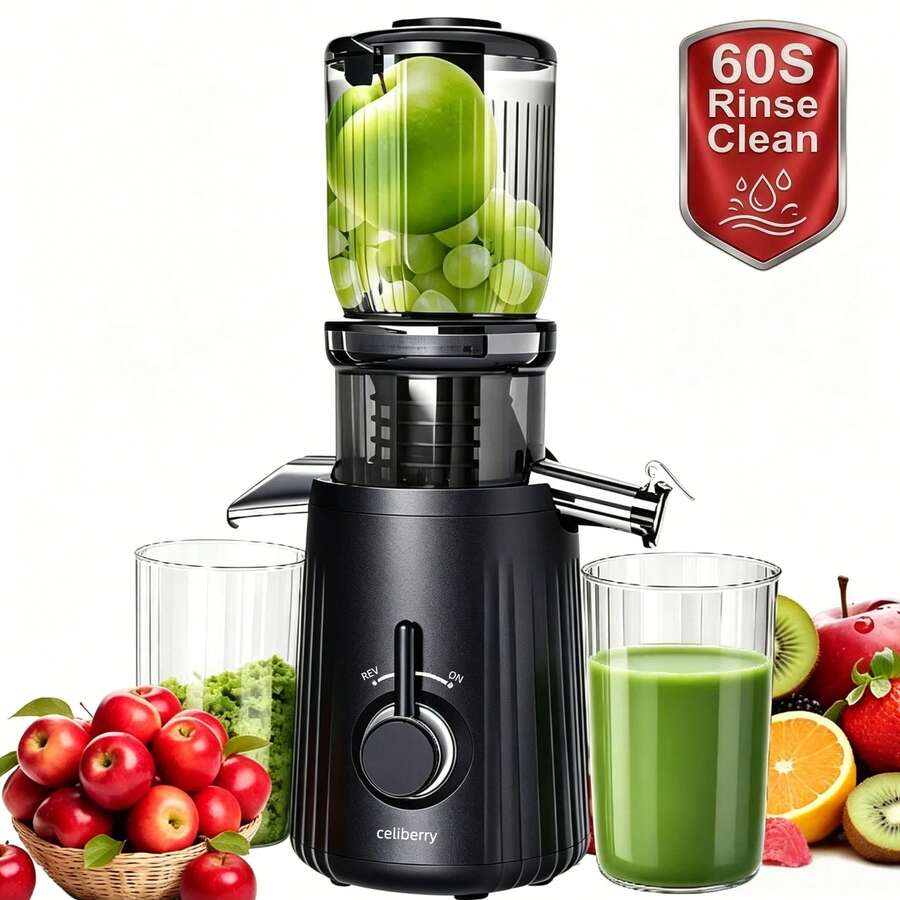 celiberry Cold Press Juicer Machines, Compact Small Slow Masticating Juicer With Large Feed Chute Fit Whole Fruits & Vegetables, Easy Clean In 60S Without Brush, 99% Pure Juice Yield, 250W Quiet Juice Extractor , Kitchen Appliance For Holiday Gift