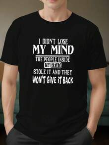 Men's Plus Size Summer T-Shirt, Polyester Crew Neck Casual T-Shirt, Regular Fit Knit T-Shirt With "I Didn't Lose My Mind" Graphic Print, For Big And Tall Men, Everyday Geometric Pattern Short Sleeve Tops. - 黑色 - 查看 1