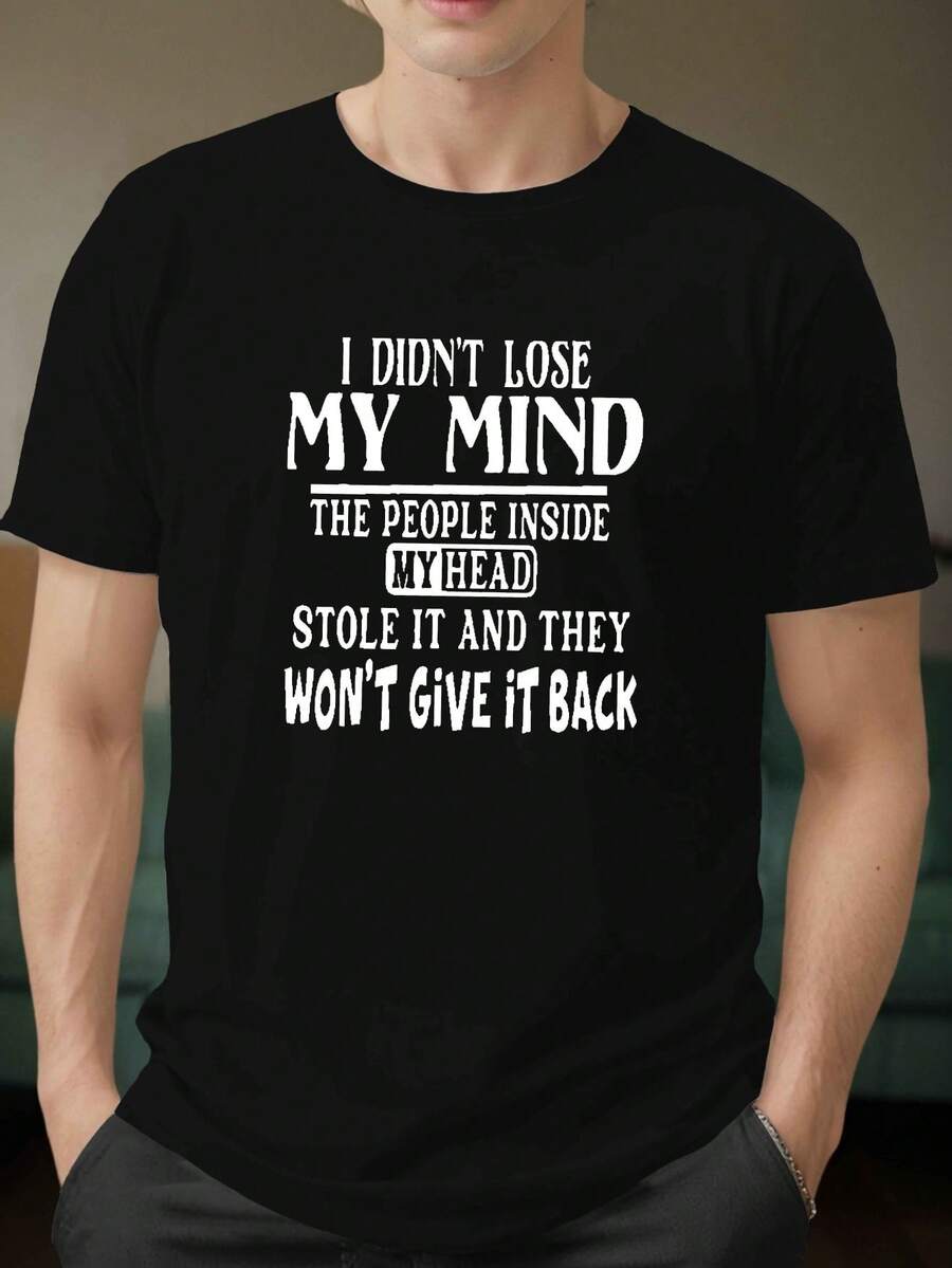 Men's Plus Size Summer T-Shirt, Polyester Crew Neck Casual T-Shirt, Regular Fit Knit T-Shirt With "I Didn't Lose My Mind" Graphic Print, For Big And Tall Men, Everyday Geometric Pattern Short Sleeve Tops. - 黑色 - 查看 1