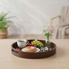 Round Trays Home Decor, 11.8" Large Round Wood Tray For Ottoman Coffee Table Trays, Wooden Kitchen Serving Decorative Trays For Home Office Counter Serveware Organizer, Walnut - Walnut Color Round - View 4