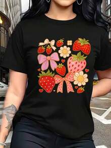 Women's Fashion Graphic Print Short Sleeve Tee, Round Neck T-Shirts, Casual Tops For Ladies With Rose, Strawberry, Flower, And Heart Prints, Casual Short Sleeve Printed T-Shirts For Women, Red Blouses For Women, Graphic Blouses For Women. 100% Cotton. Comfortable And Soft Short Sleeve T-Shirt For Everyday Wear. - 黑色 - 查看 6