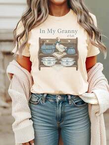 Women's Casual Summer T-Shirt, T-Shirt With The Phrase "In My Grandmother's Time", Vintage T-Shirt With Goose Kitchen Shelf Print, Granny T-Shirt. - 白色 - 查看 7