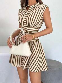 Vestido corto casual de verano sin mangas a rayas para mujer - Caqui - Ver 8