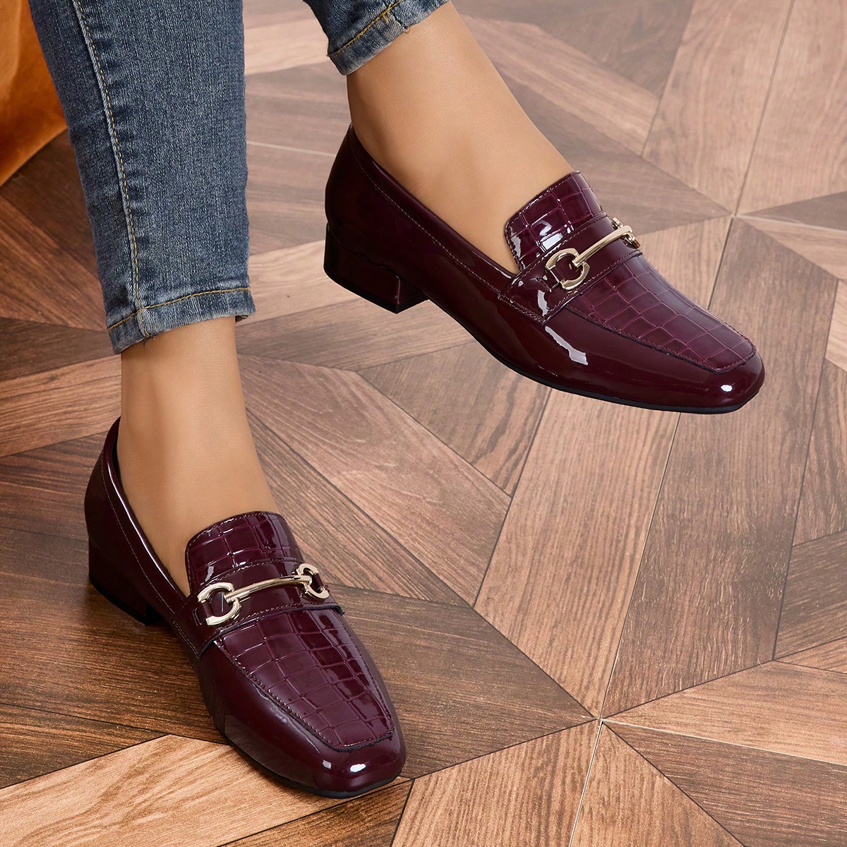 Mocasines de estilo británico retro para mujer - Mocasines de cuero patentado, mocasines burdeos para oficina y trabajo, zapatos planos cómodos de e