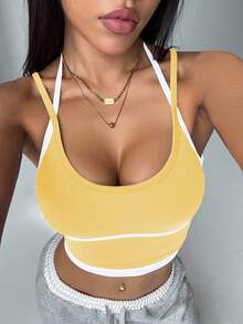 Women's High Elasticity Nylon Sports Vest - Breathable Contrast Color Fitness Top, Seamless Splicing Design, Suitable For Yoga, Pilates, Daily Fitness - Shaping Style And Beautiful Back Support, Simple Style, Comfortable Fit, Pressure-Free Support - 黃色 - 查看 3