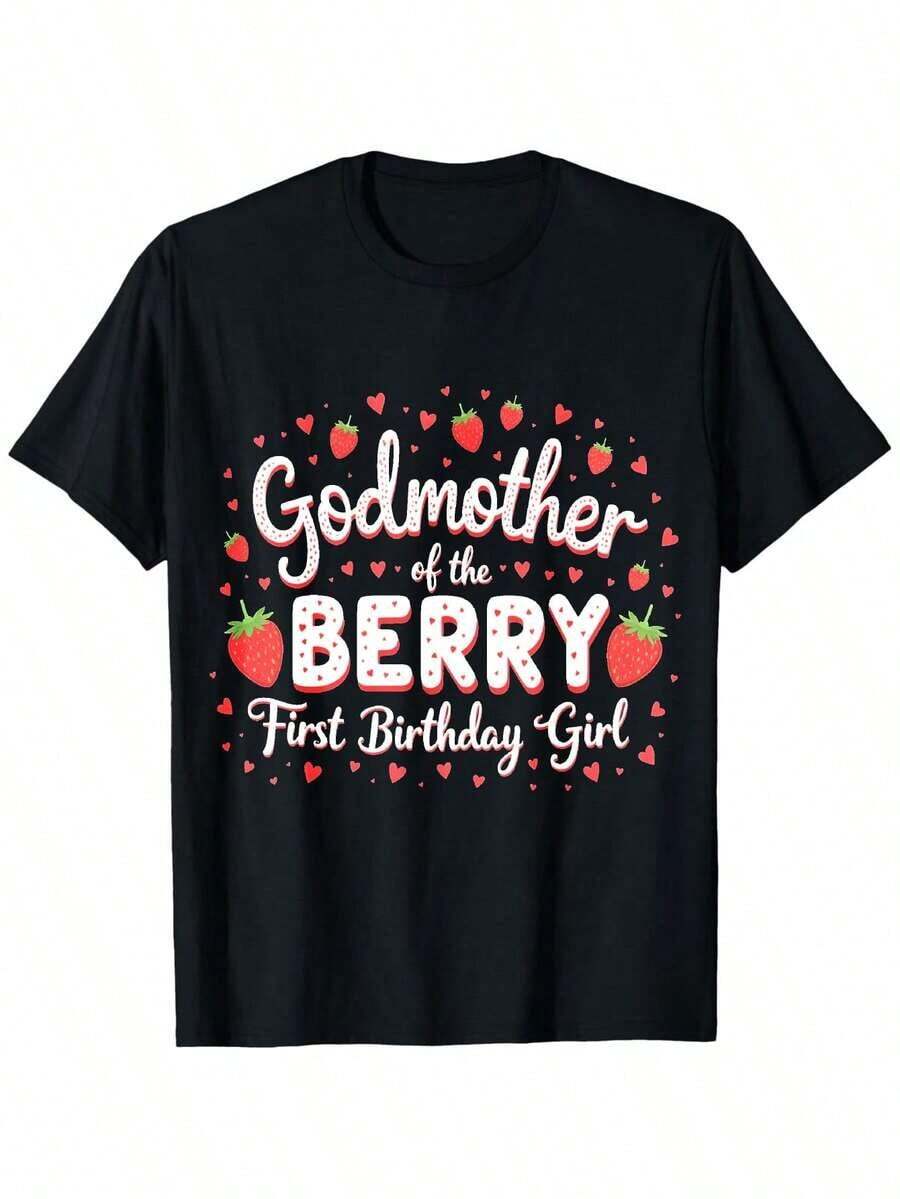 Funny Birthday T-Shirt For Godmother - Gift For Women And Men, Strawberry Theme, Crew Neck And Loose Fit, Sizes S-XXXL, Machine Washable, Ideal For Birthday Parties And Gifts For Godmothers TJZJ - 黑色 - 查看 1