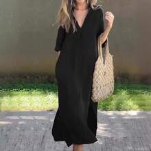 Women's Summer Bestseller Dress With Side Slits, V-Neck, 7/8 Sleeves, And Pleated Bust - 黑色 - 查看 11