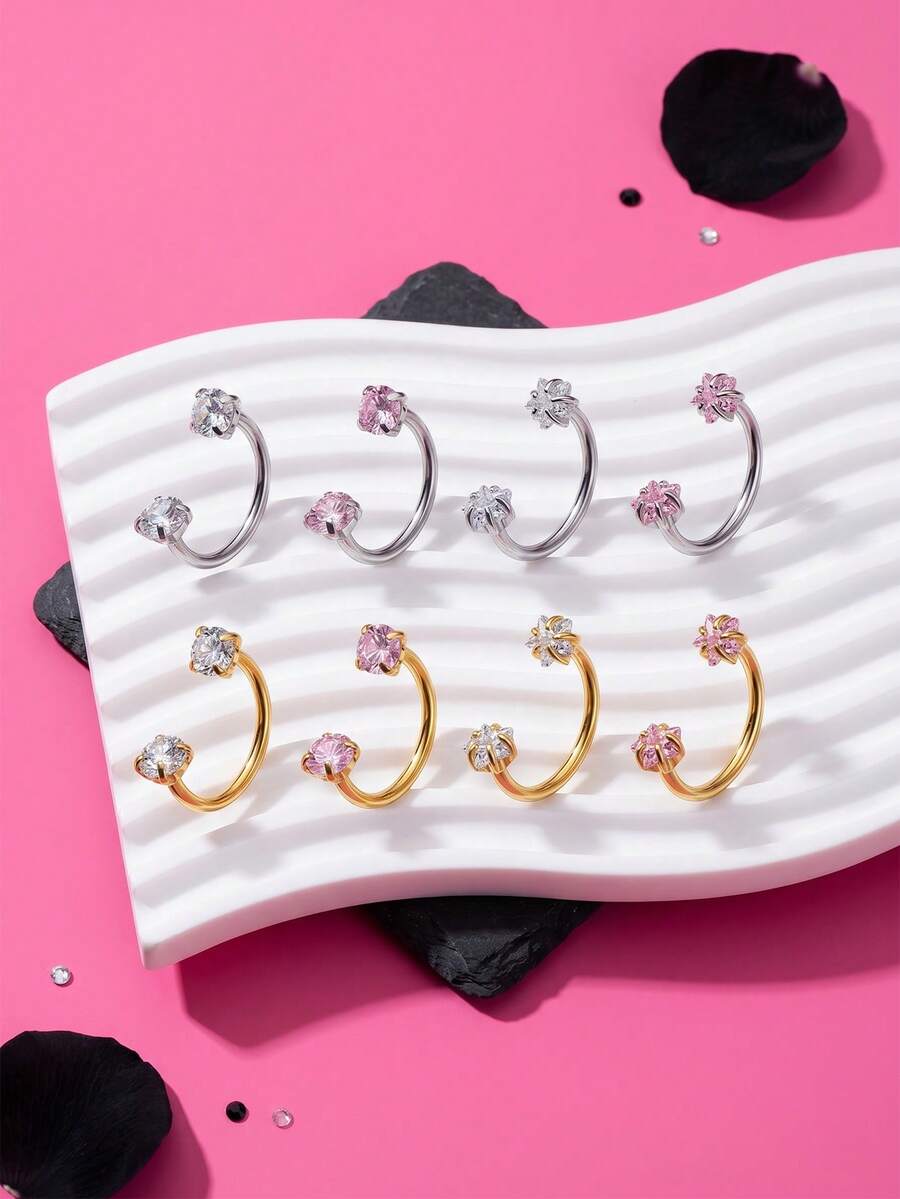 2 Stück 18G Y2K Nasenringe aus 316L Edelstahl in Silber, Gold und Pink mit Stern und kubischem Zirkonia, Hufeisen-Nasenringe für Damen, Ohrringe, Ohrstecker, Lippenringe, Knorpel- und Ohrläppchen-Ohrringe für Herren, doppelt besetzte Spiral-Nasenringe, Piercing-Schmuck - Hufeisenform - Übersicht 1