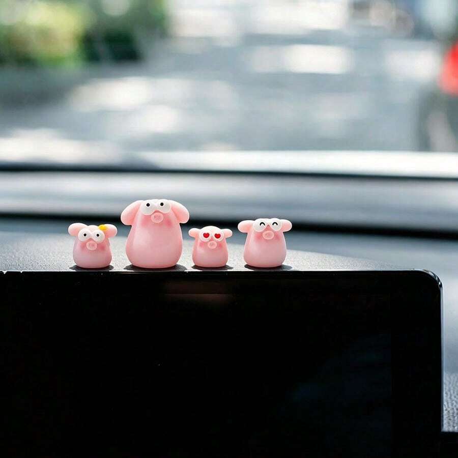 4件套可爱大眼小粉猪微景观装饰品,DIY汽车内饰、桌面、办公桌、电脑屏幕装饰配件 - 大眼小豬 - 查看 1