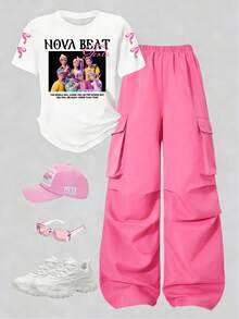 Set de 2 piezas de camiseta de manga corta con estampado de niña y lazo + pantalones de pierna ancha rosa con bolsillos para niñas en verano - Rosa - Ver 10