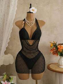 Bonvoyette Set de 3 piezas, top triangular con disco dorado de tela con textura especial de unicolor, Bottom de corte alto y mono, conjunto de traje de baño sexy para mujer, vestido de verano/primavera sexy para vacaciones, vestido transparente, vestido de cobertura de traje de baño blanco, vestido de malla transparente, vestido de playa transparente, vestido de cobertura de traje de baño de malla, vestido transparente sexy, atuendos de festival de verano para mujer, atuendo de fiesta, atuendo de playa, vestido de invitada de boda para mujer, vestidos elegantes para mujer, vestidos de cobertura de bikini - Negro - Ver 4
