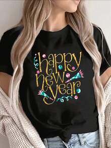 Women's Black New Year's T-Shirt, With A Festive Casual Style And Bright Embellishments, Is Lightweight And Comfortable, Perfect For Parties, Celebrations Or Relaxing At Home, Available In Black And White. - 黑色 - 查看 1
