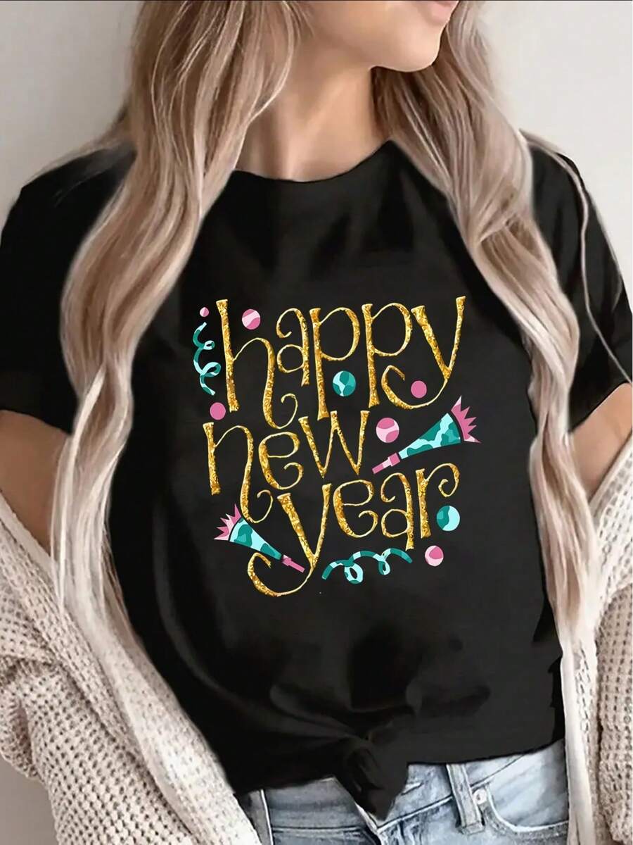 Women's Black New Year's T-Shirt, With A Festive Casual Style And Bright Embellishments, Is Lightweight And Comfortable, Perfect For Parties, Celebrations Or Relaxing At Home, Available In Black And White. - 黑色 - 查看 1