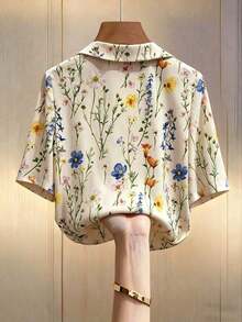 Blusa casual holgada de manga corta con cuello y estampado floral para mujer - Albaricoque - Ver 2
