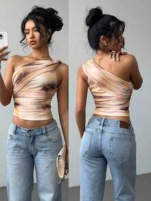 Blusa de hombros descubiertos sin mangas con estampado de teñido anudado, estilo Y2K, de corte ajustado y fruncido con lazo delantero - Multicolor - Ver 7