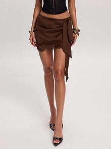 Minifalda elegante de mujer con parches de encaje y cintura con lazo, para verano - Café integral - Ver 3