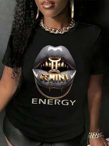 Women's Graphic Cotton T-Shirt With Gemini Zodiac Lips Design And Gold Chains, Soft And Breathable, Short Sleeve, Perfect For Daily Wear, Outdoor Activities, Travel And Casual Style, Comfortable Fit For All Day! 100% Cotton. - 黑色 - 查看 7