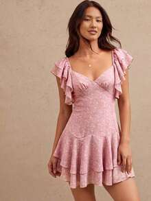 Vestido vaquero mini con volantes, escote en V y estampado de paisley, ajuste ceñido y vuelo para el verano - Rosa vieja - Ver 3