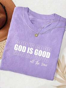 Camiseta minimalista bordada  "Dios es Bueno" - Camiseta de fe cristiana cómoda y de color, regalo, camiseta de fe, camiseta para grupo religioso, camiseta bordada de cuello redondo para mujer. - Morado Violeta - Ver 3