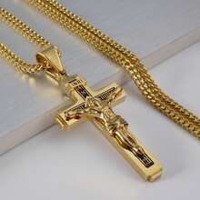 Dây chuyền mặt dây chuyền hình Chúa Giê-su 3D bằng thép không gỉ mạ vàng 18K, kiểu dáng hip-hop, thích hợp đeo hàng ngày cho nam giới. - Đen và vàng - Xem 1