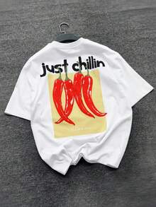 Fractyr 男款「Just Chillin」辣椒前後印花寬鬆T恤，柔軟觸感白色休閒街頭風，復古食物圖案 - 白色 - 查看 4