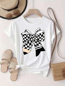[Fashionable Letter Print T-Shirt] Women's Round Neck T-Shirt, Comfortable And Breathable, With Letter And Cartoon Print | Simple Design, Suitable For Everyday Leisure And Versatile, Showing A Natural And Elegant Style, A Must-Have For Summer Parties, Local Delivery, Daily Use. - 白色 - 查看 1