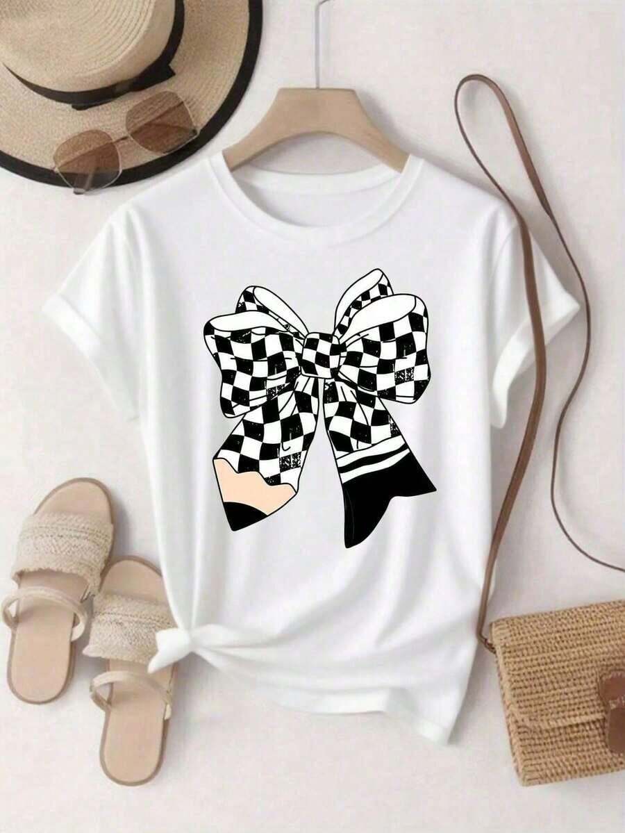 [Fashionable Letter Print T-Shirt] Women's Round Neck T-Shirt, Comfortable And Breathable, With Letter And Cartoon Print | Simple Design, Suitable For Everyday Leisure And Versatile, Showing A Natural And Elegant Style, A Must-Have For Summer Parties, Local Delivery, Daily Use. - 白色 - 查看 1