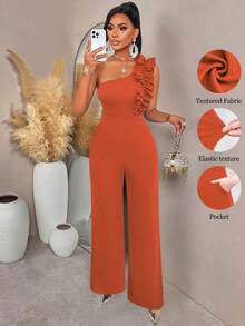AIJ Conjunto de fiesta para mujer Amarilo: Pantalones acampanados de pierna ancha con cinturón y un hombro con volantes, adecuado para salidas, citas, reuniones, cenas y fiestas de cóctel, unicolor - Rojo - Ver 9