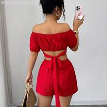 Fengyu Women's Clothing Store  Conjunto informal de 2 piezas con hombros descubiertos, lazo y espalda descubierta para vacaciones de mujer - Negro - Ver 3