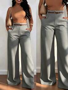 Pantalones casuales de pierna recta y cintura alta de moda para mujer, color blanco, para primavera - Gris - Ver 1