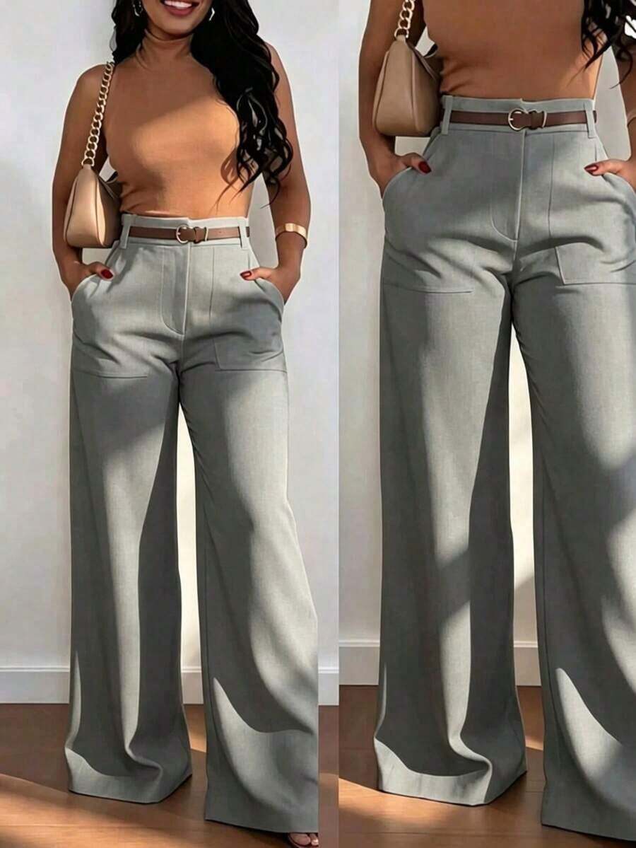Pantalones casuales de pierna recta y cintura alta de moda para mujer, color blanco, para primavera - Gris - Ver 1