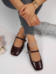 Women's Black Buckle Decor Minimalist Ballet Flats, Fashionable Elegant Mary Jane Shoes, All-Season Shoes, Suitable For Professional Wear, Student Wear, Home Wear, Travel Wear, Elegant Elegant Wear, Classic Versatile, Soft And Comfortable, Excellent Experience - Burgundy - View 7