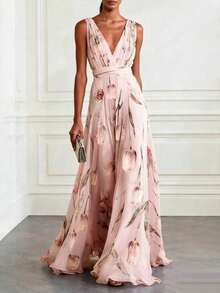 Vestido De Dama De Nuevo Estilo Con Escote En V Profundo Y Amplia Falda, Con Un Elegante Diseño Impreso - Rosa - Ver 2