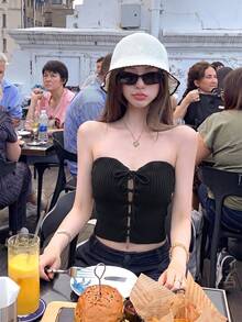Áo croptop camisole ôm sát cổ V không tay buộc dây, móc len dệt màu trơn phong cách Y2K, thời trang dạo phố nghỉ dưỡng lãng mạn màu đen - màu đen - Xem 4