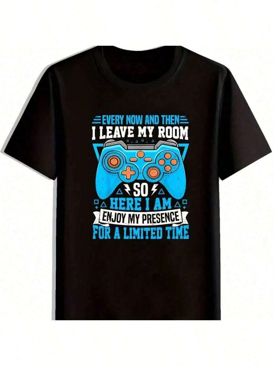 [Opción Popular] 1 pieza de camiseta casual de cuello redondo para hombre con estampado de controlador de videojuegos, 95% elastano 5%, manga corta, corte regular, top de tela de punto de verano para uso casual de fin de semana, estampado de letras, camisa casual diaria [Corte Regular, Camiseta de Navidad] - Negro - Ver 1