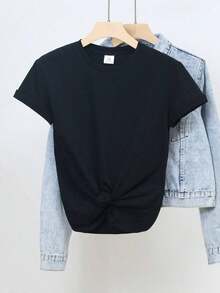 Women's  Graphic Print Short-Sleeve T-Shirt, 100% Cotton, Spring And Summer Wear, 180g Women's Casual T-Shirt, Crew Neck, Short Sleeve, Black Casual T-Shirt, Perfect For All Seasons. Comfortable, Soft, And Simple Short-Sleeve Top For Everyday Wear. - 黑色 - 查看 1