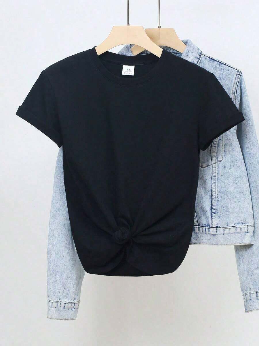 Women's Graphic Print Short-Sleeve T-Shirt, 100% Cotton, Spring And Summer Wear, 180g Women's Casual T-Shirt, Crew Neck, Short Sleeve, Black Casual T-Shirt, Perfect For All Seasons. Comfortable, Soft, And Simple Short-Sleeve Top For Everyday Wear. - 黑色 - 查看 1