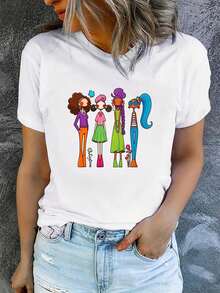 1 Piece Of Women's Summer T-Shirt, Short Sleeve And Printed, Modern And Casual, Machine Washable, Comfortable Fit, 2D Flat Print, 180g, 100% Cotton. - 白色_02 - 查看 12