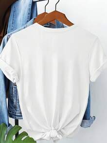 New Spring/Summer 2026 Women's Short Sleeve T-Shirt, Stylish Retro Artistic Design With Custom Lettering, Popular Animal And Floral Prints, 100% Pure Women's Short Sleeve T-Shirt, Essential Round Neck Short Sleeve T-Shirt For Spring And Summer - White - View 4