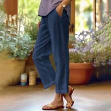 Elastic Waist Cotton Linen Trousers Women Solid Color Loose Straight Leg Casual Pants With Pockets - 軍綠色 - 查看 4