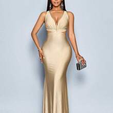 MewMuse. Vestido largo elegante de mujer de unicolor con escote en V profundo, espalda descubierta y silueta ajustada de cola de pez - Naranja - Ver 7